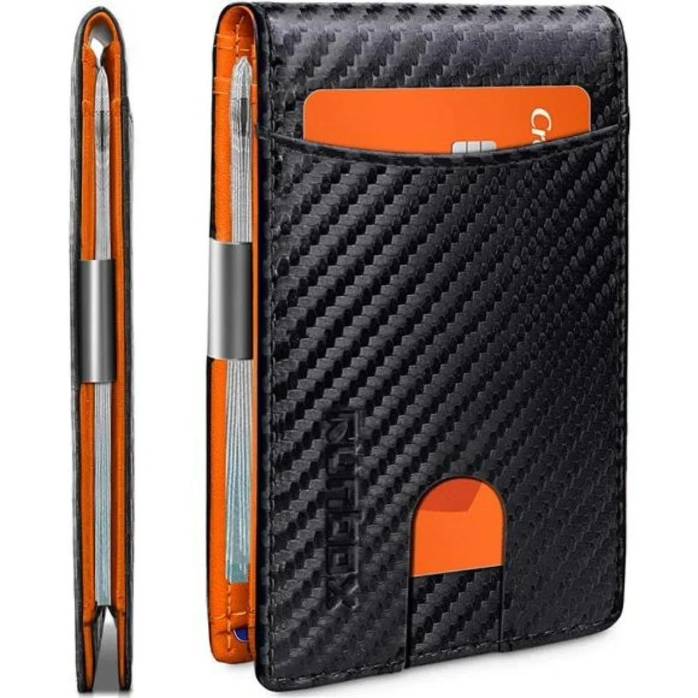 Slim Money Clip RFID Blocking Men Wallet Minimalist Leather Bifold, Black Orange